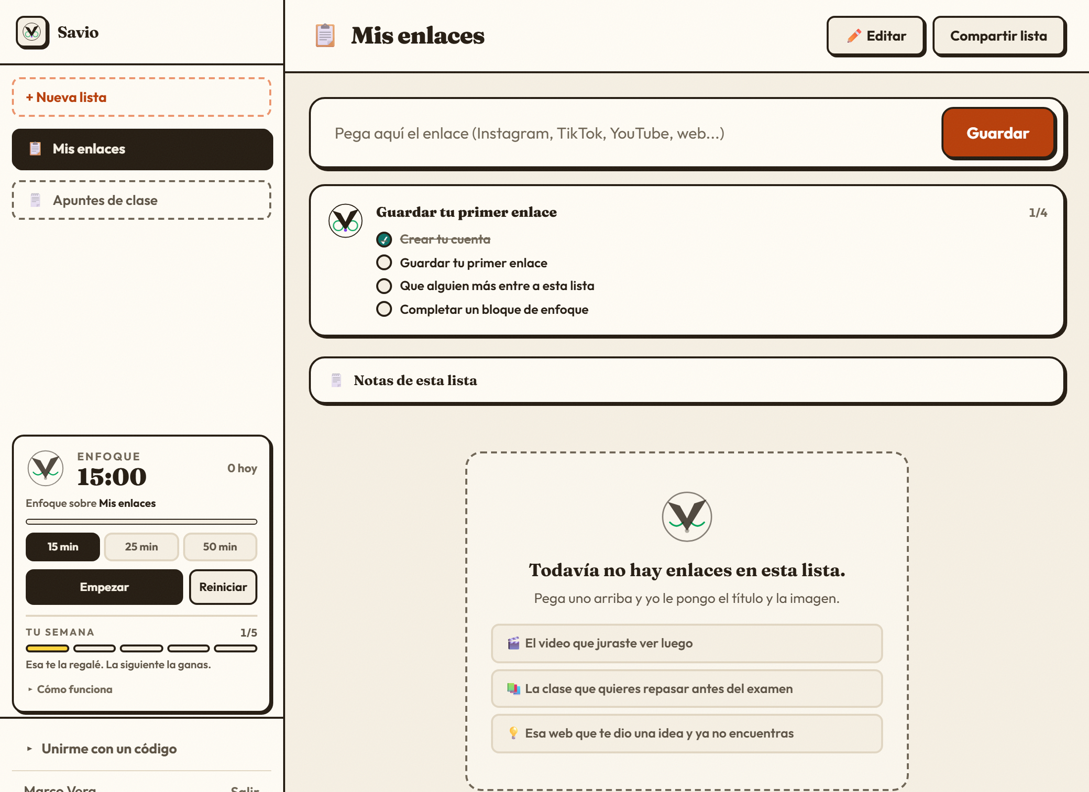 El tablero de Savio recién creado, con la lista por defecto lista para usar