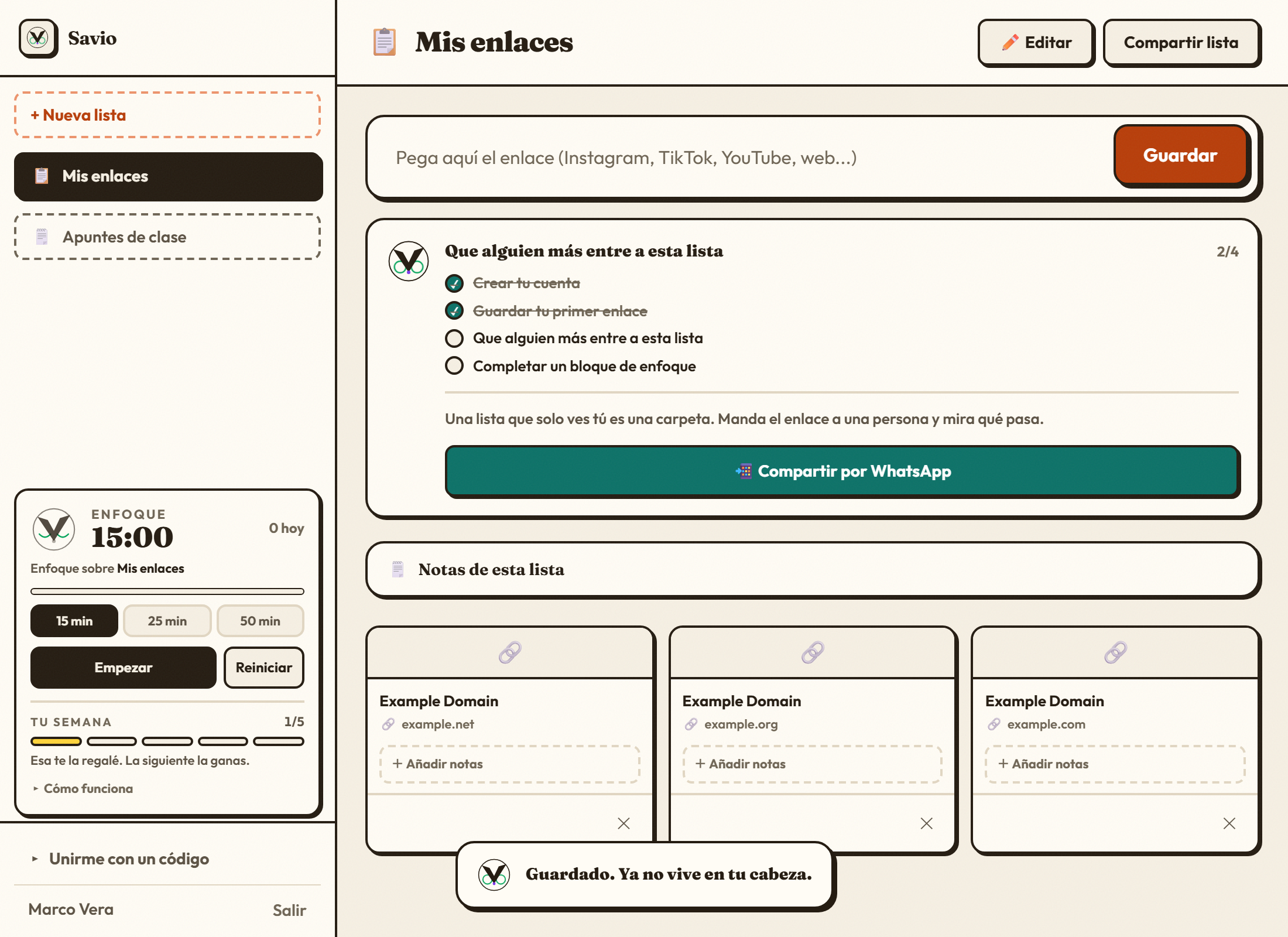 Varios enlaces guardados en Savio, cada uno con su título e imagen detectados automáticamente
