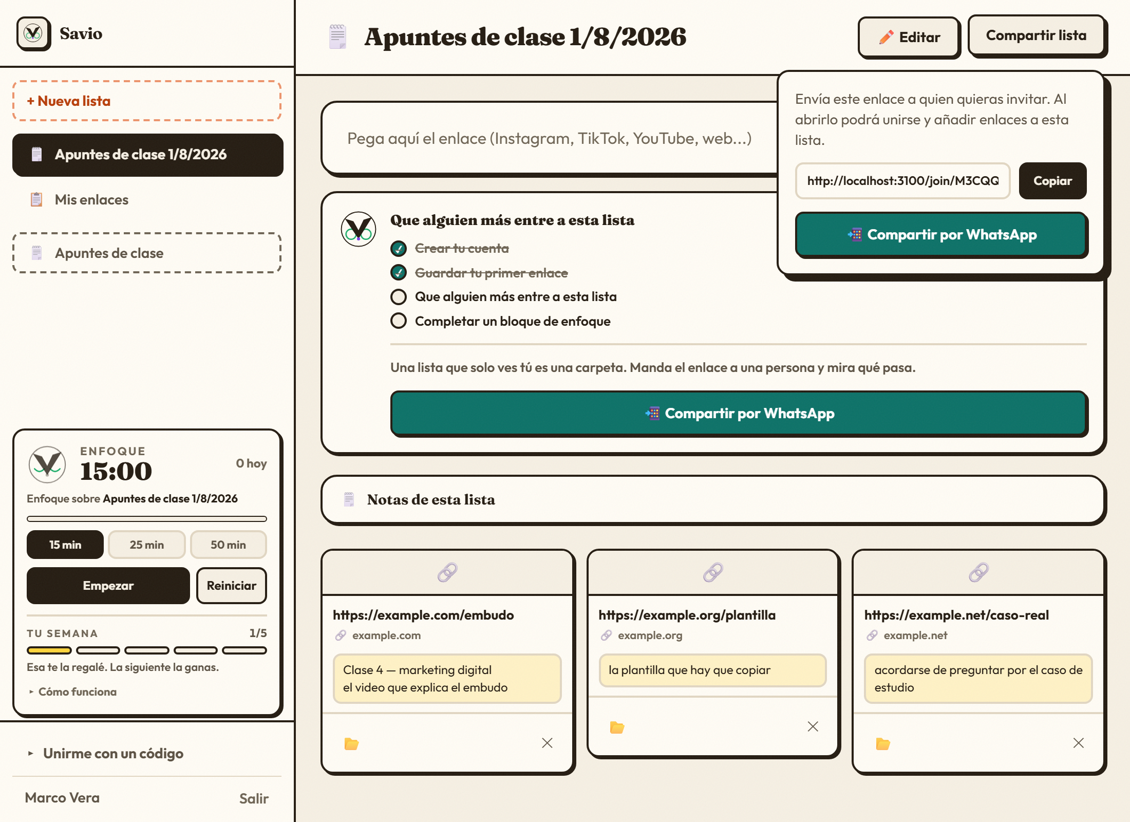 El panel para compartir una lista de Savio con su enlace de invitación