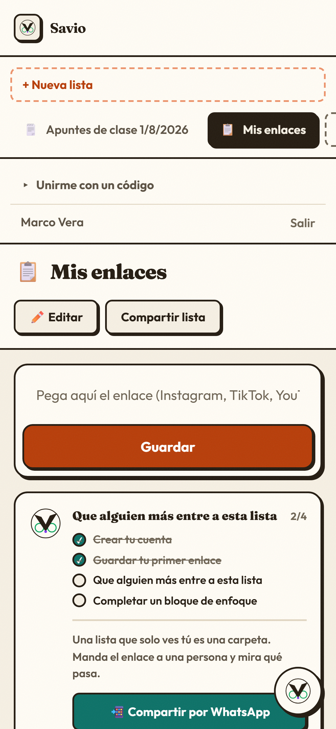 Savio funcionando en la pantalla de un teléfono móvil